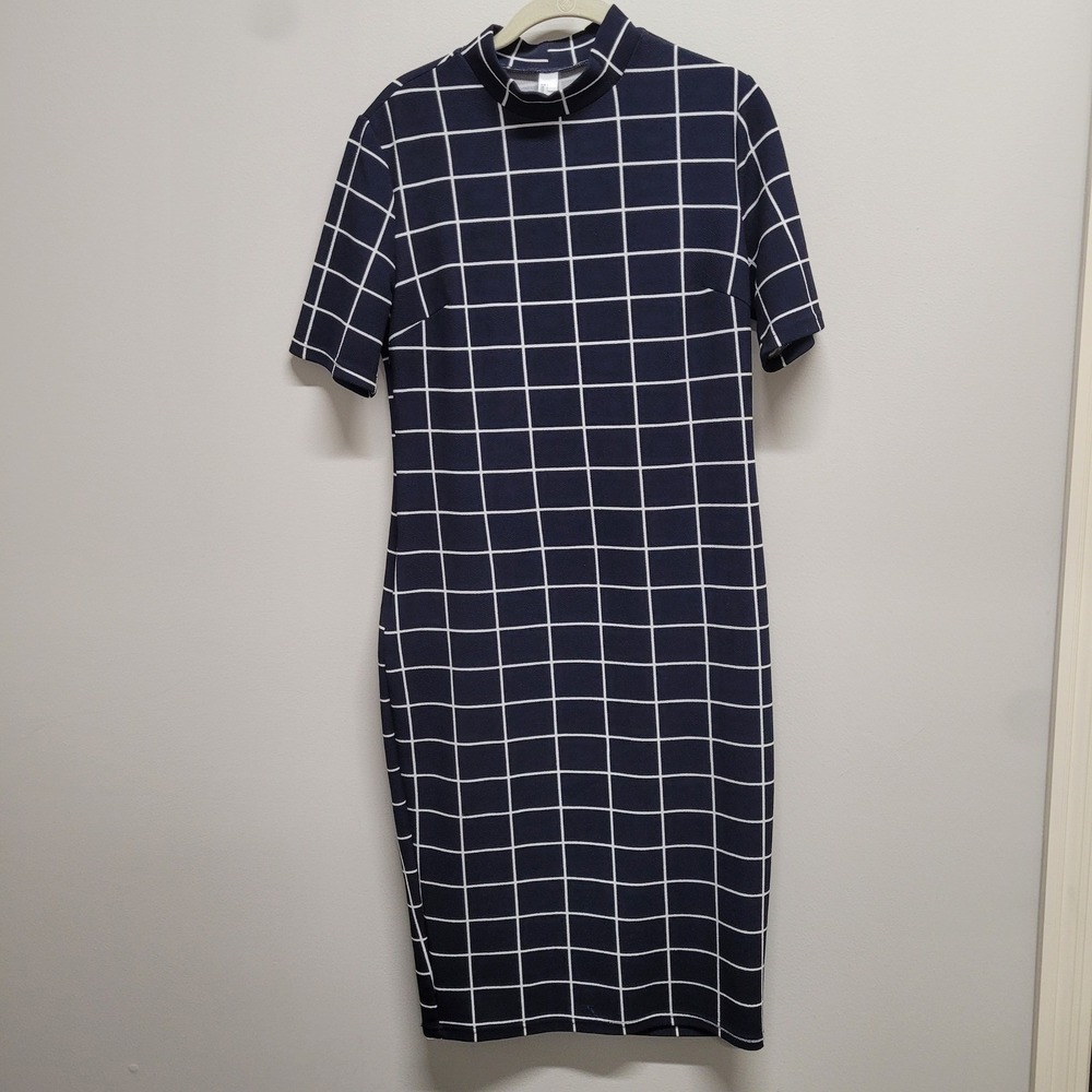 Navy Blue White Windowpane Grid Mock Neck Short Sleeve Sheath Midi Dress Large
